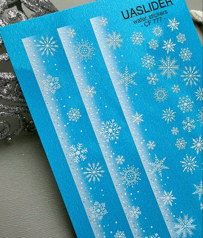 UA Slider 2D Nail Decal CF-777 Snowflakes French Gradient Stripes with Gold Foil Nail Decals