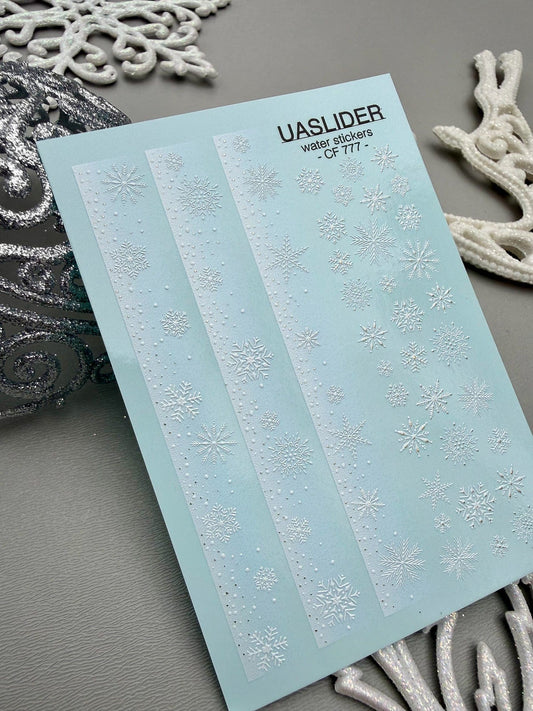 UA Slider 2D Nail Decal CF-777 Snowflakes French Gradient Stripes with Gold Foil Nail Decals