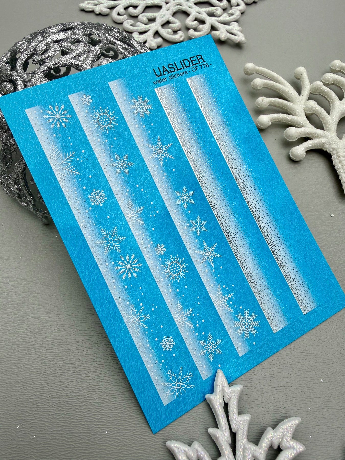 UA Slider 2D Nail Decal CF-778 Snowflake French Stripe Winter Nail Decals