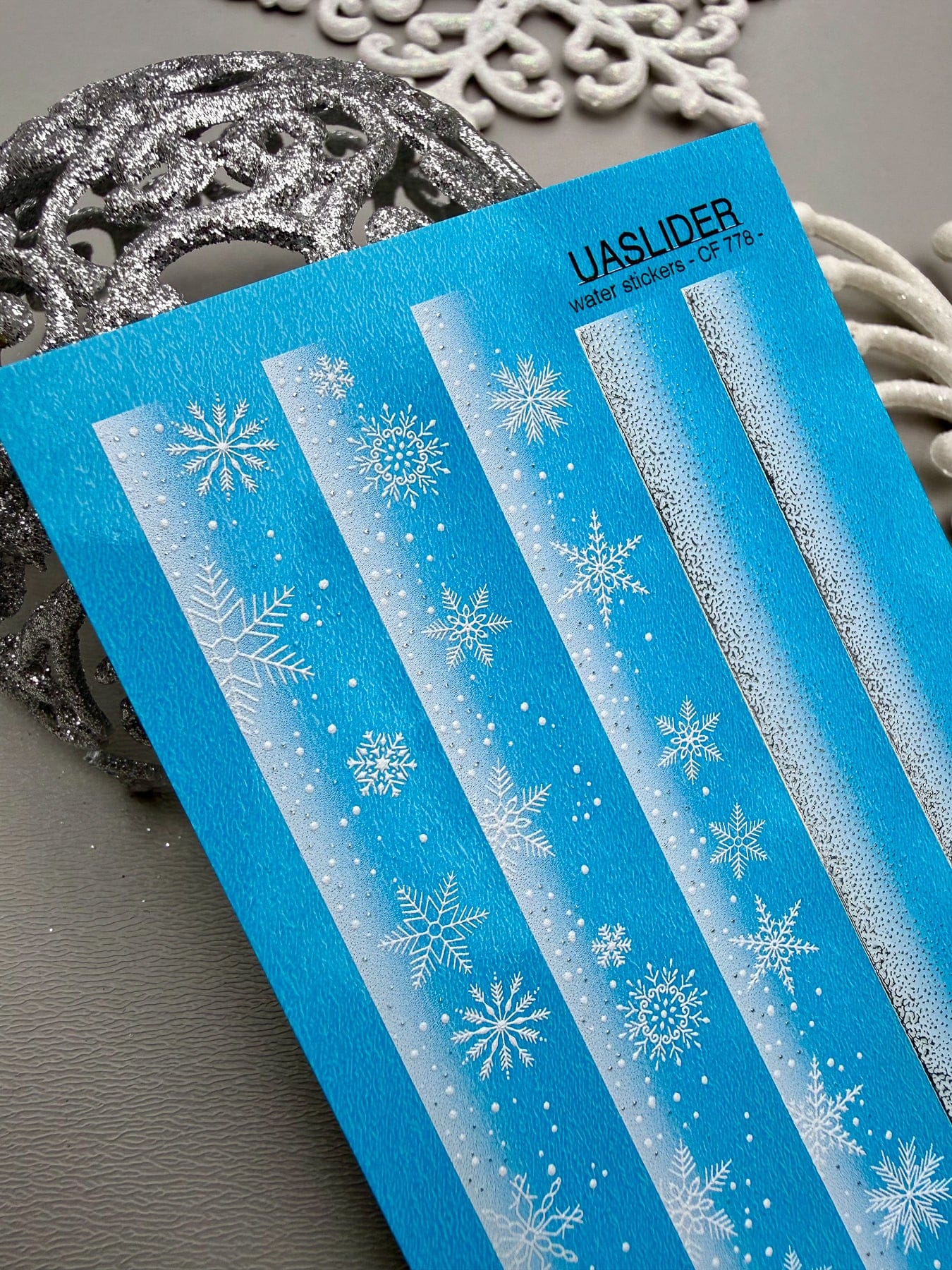 UA Slider 2D Nail Decal CF-778 Snowflake French Stripe Winter Nail Decals