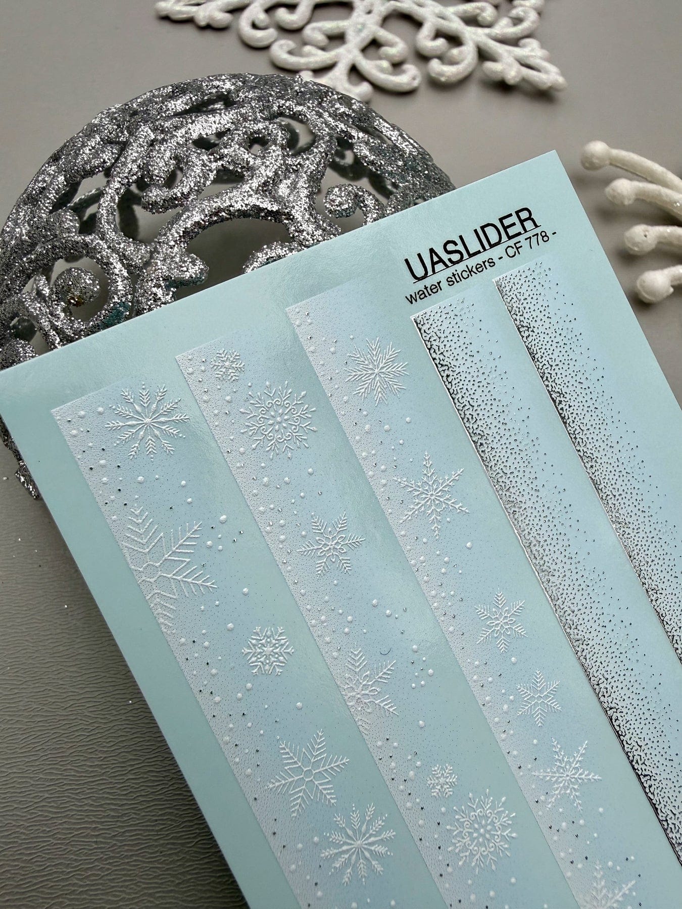 UA Slider 2D Nail Decal CF-778 Snowflake French Stripe Winter Nail Decals