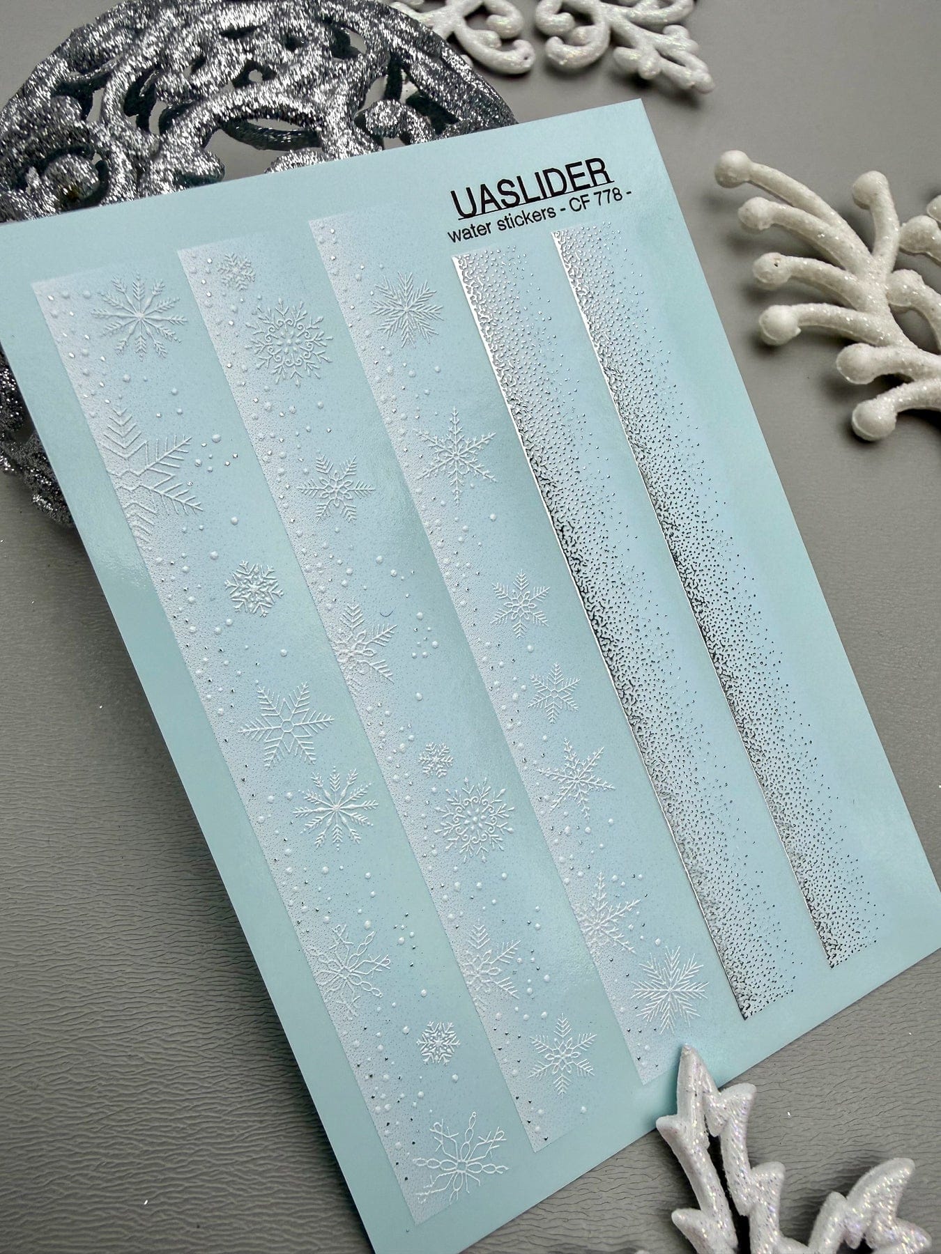 UA Slider 2D Nail Decal CF-778 Snowflake French Stripe Winter Nail Decals