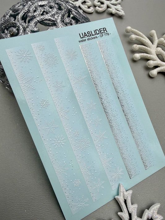 UA Slider 2D Nail Decal CF-778 Snowflake French Stripe Winter Nail Decals
