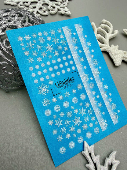 UA Slider 2D Nail Decal CF-775 Snowflakes & Silver Foil French Stripe Nail Decals