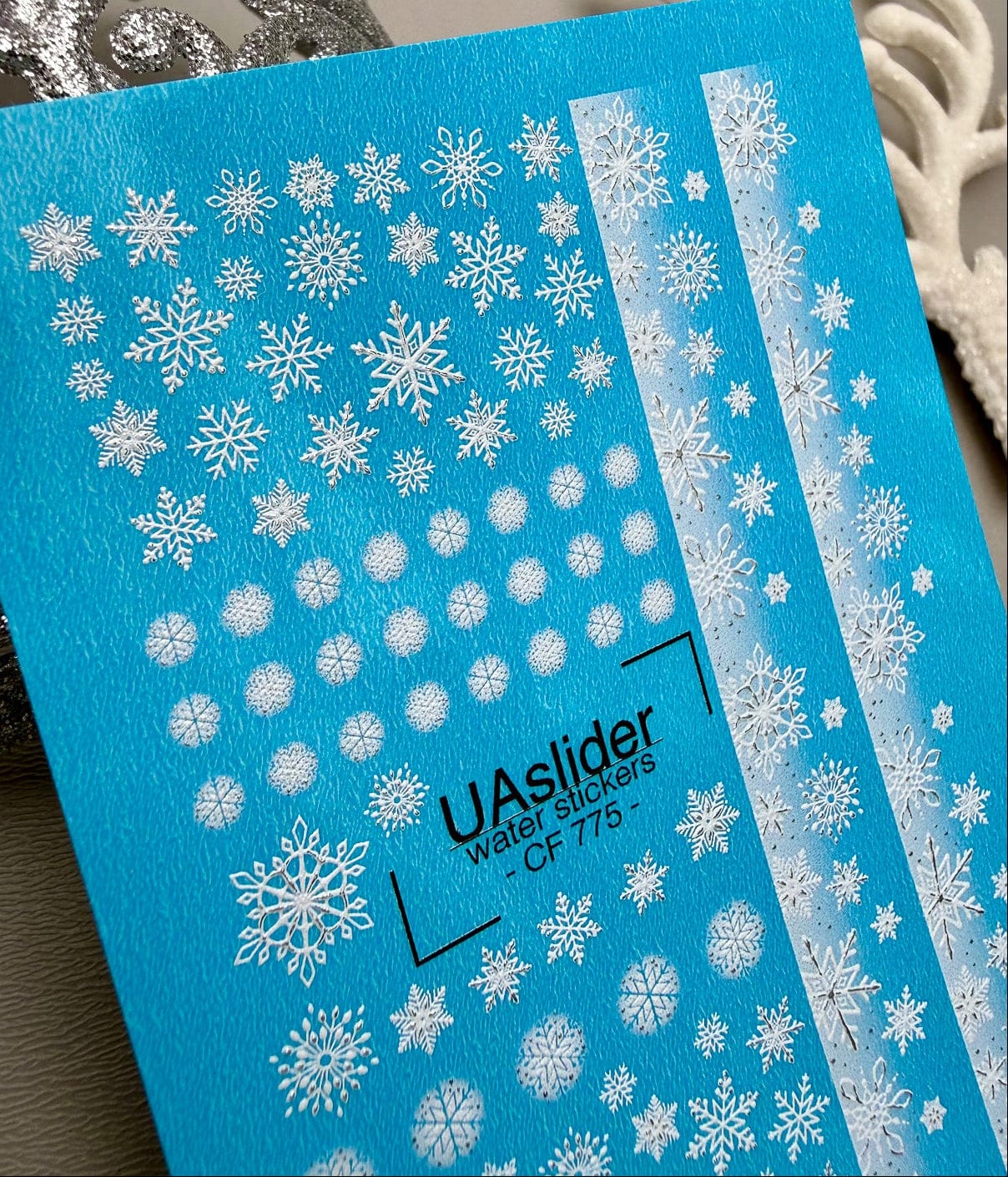 UA Slider 2D Nail Decal CF-775 Snowflakes & Silver Foil French Stripe Nail Decals