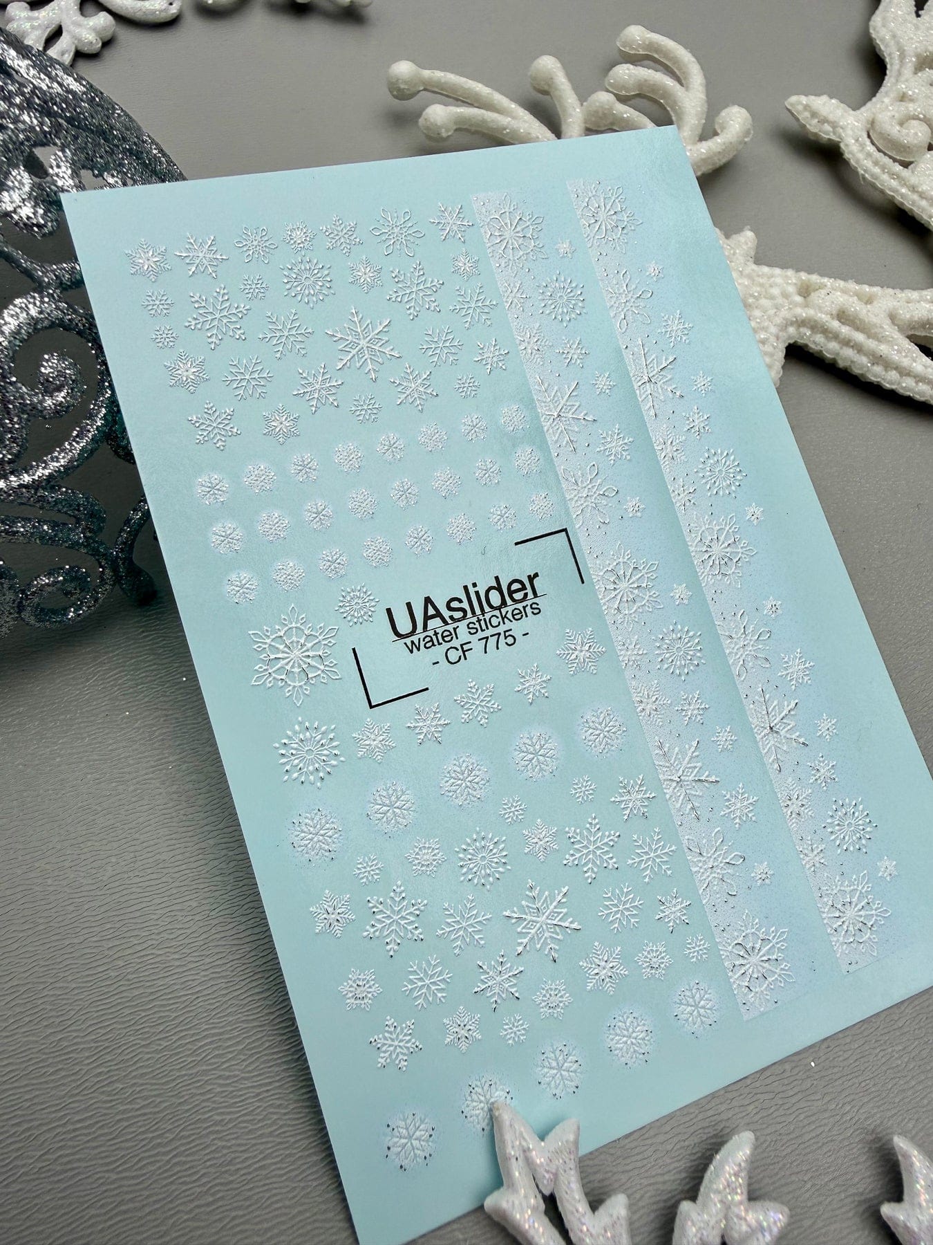 UA Slider 2D Nail Decal CF-775 Snowflakes & Silver Foil French Stripe Nail Decals
