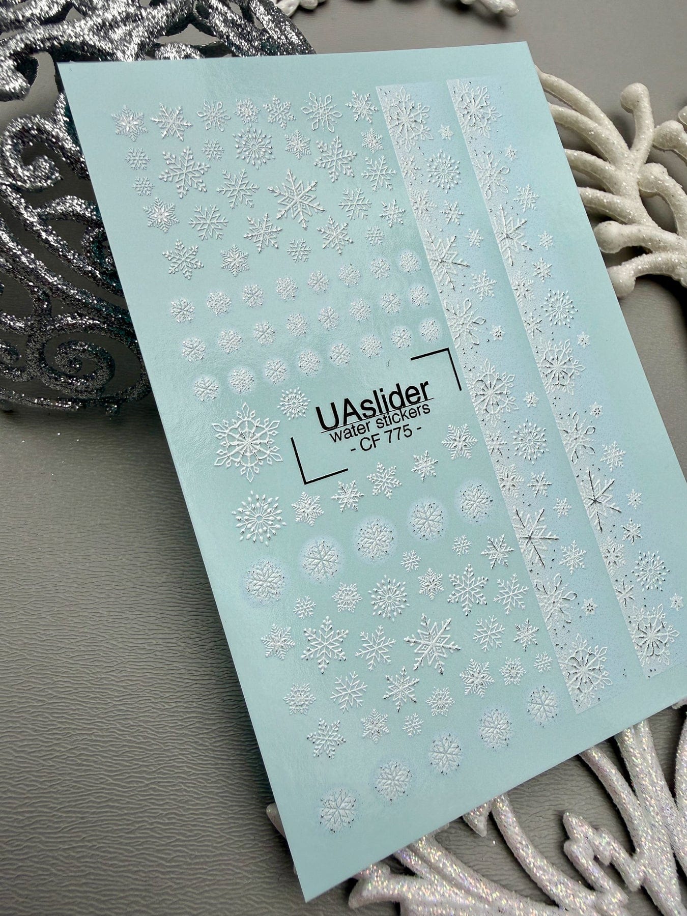 UA Slider 2D Nail Decal CF-775 Snowflakes & Silver Foil French Stripe Nail Decals