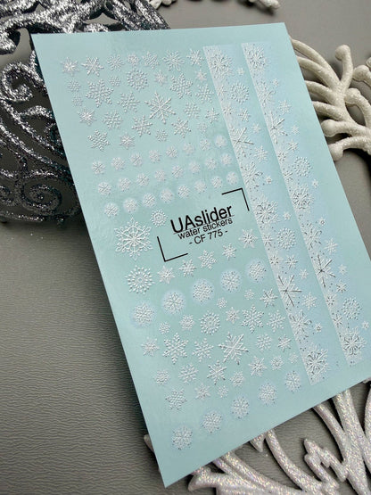 UA Slider 2D Nail Decal CF-775 Snowflakes & Silver Foil French Stripe Nail Decals