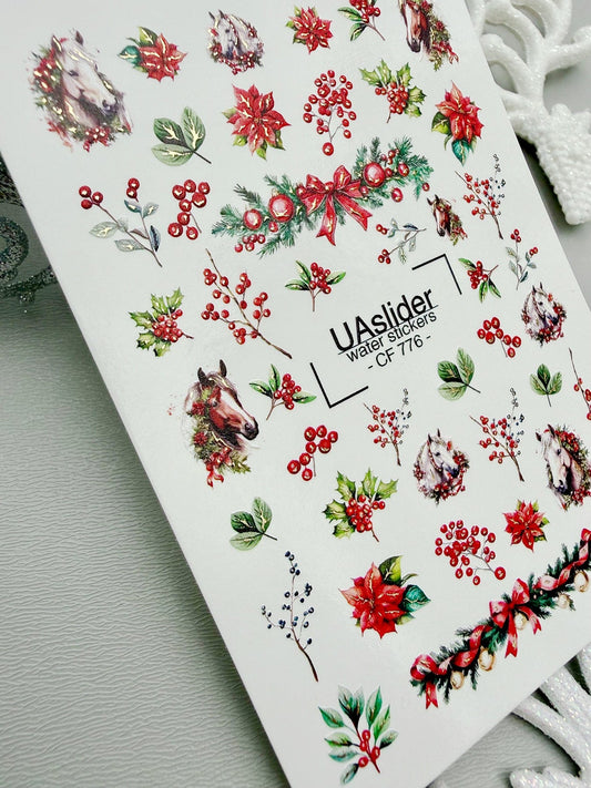 UA Slider 2D Nail Decal CF-776 Christmas Horses & Holly Gold Foil Nail Decals