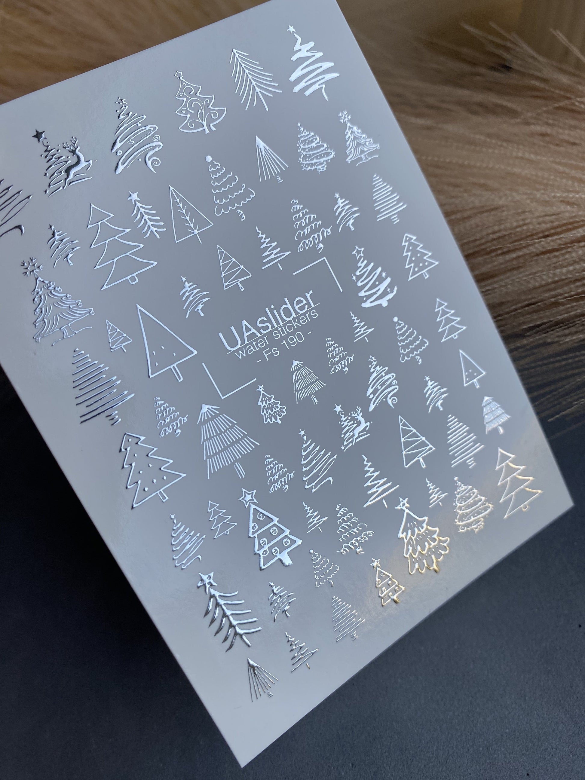 UA Slider 2D Nail Decal FS-190 Festive Silver Foil Christmas Tree Water­slide Nail Decals