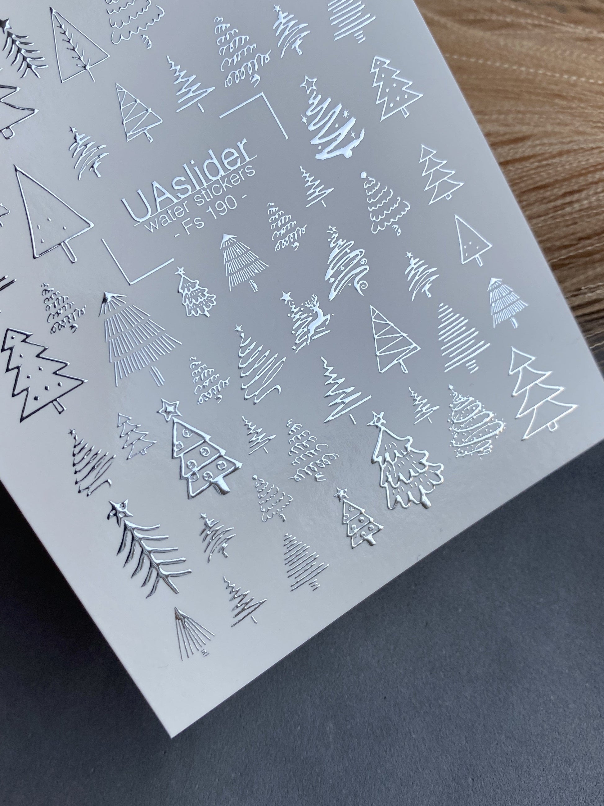 UA Slider 2D Nail Decal FS-190 Festive Silver Foil Christmas Tree Water­slide Nail Decals