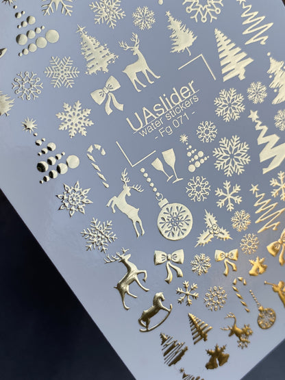 UA Slider 2D Nail Decal FG-071 Water Slide Nail Decals Gold Stars and Winter Florals