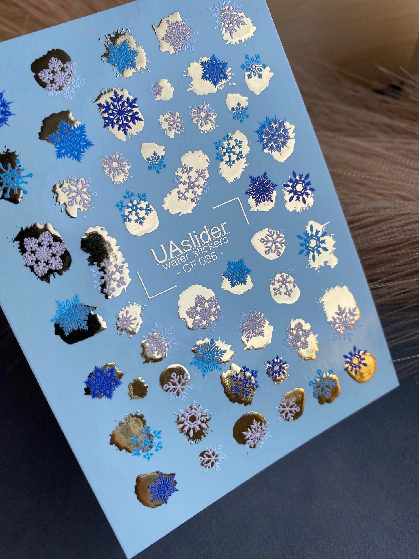 UA Slider 2D Nail Decal CF-036 Water Slide Nail Decals Winter Snowflakes Blue White Gold Foil