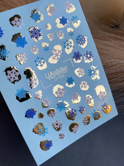 UA Slider 2D Nail Decal CF-036 Water Slide Nail Decals Winter Snowflakes Blue White Gold Foil