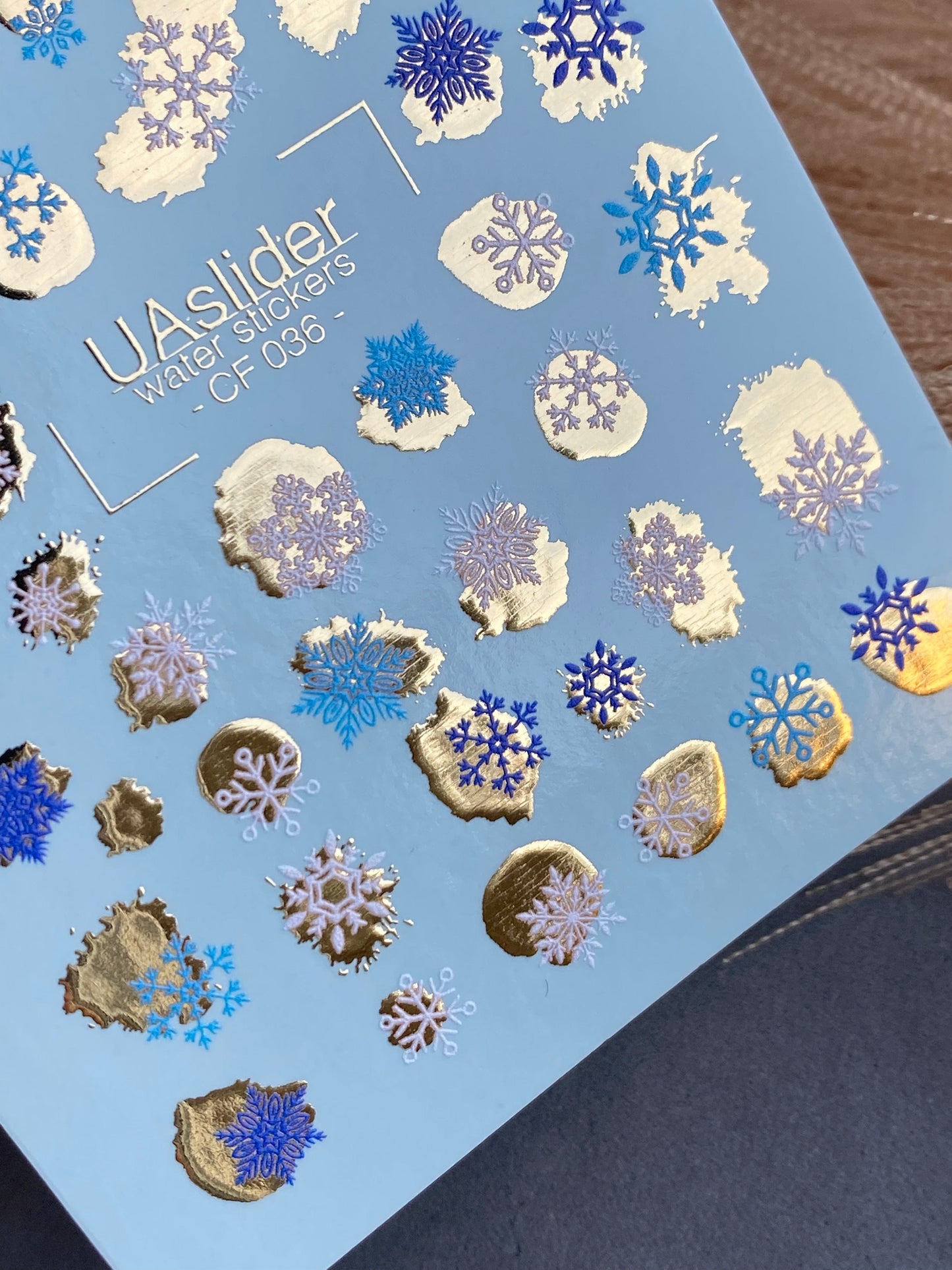 UA Slider 2D Nail Decal CF-036 Water Slide Nail Decals Winter Snowflakes Blue White Gold Foil