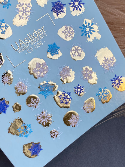UA Slider 2D Nail Decal CF-036 Water Slide Nail Decals Winter Snowflakes Blue White Gold Foil