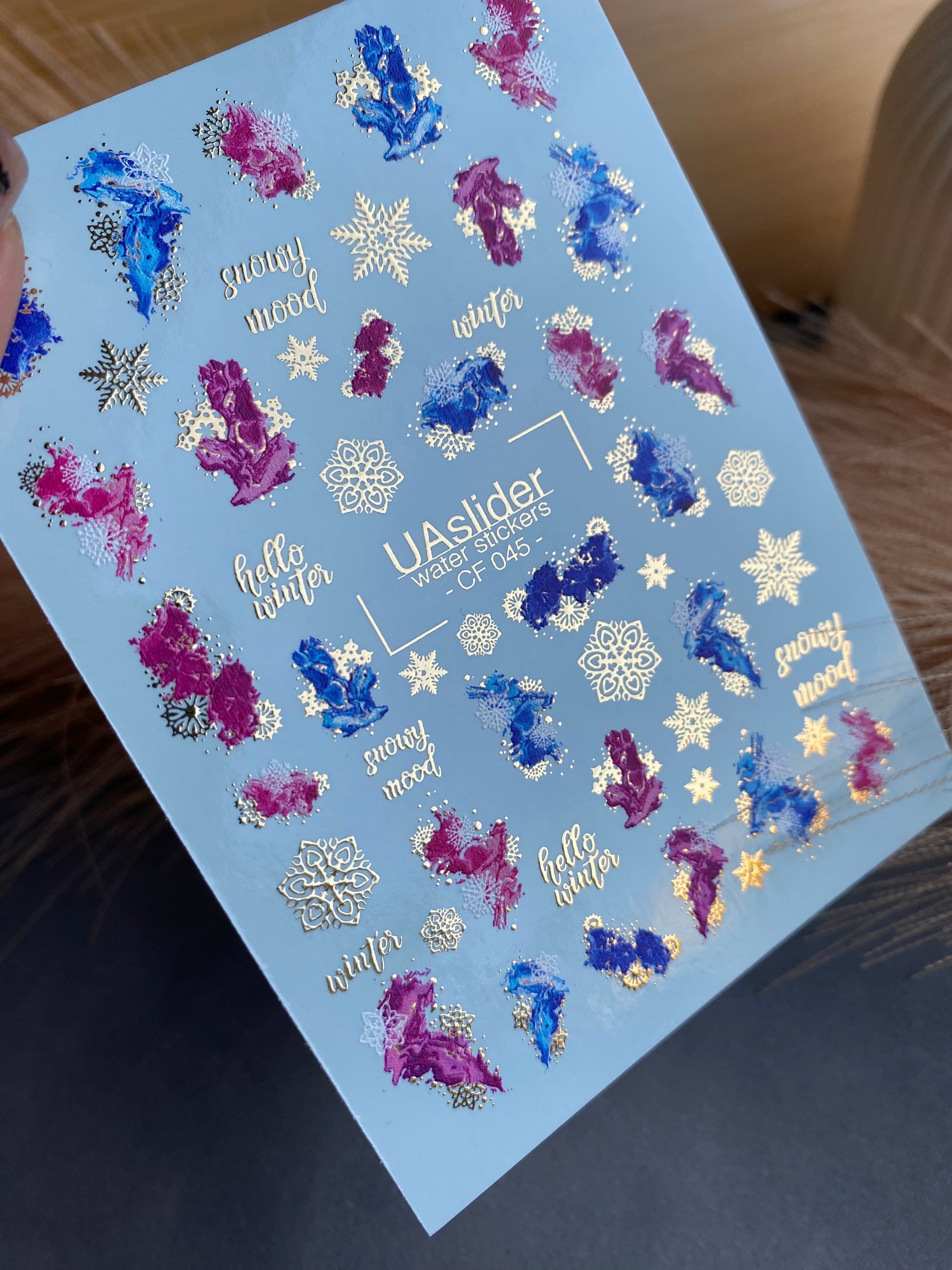 UA Slider 2D Nail Decal CF-045 Winter Nail Water Decals Abstract Splashes Snowflakes Gold Foil holiday nails winter nails chrome snowflake nails