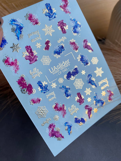 UA Slider 2D Nail Decal CF-045 Winter Nail Water Decals Abstract Splashes Snowflakes Gold Foil holiday nails winter nails chrome snowflake nails