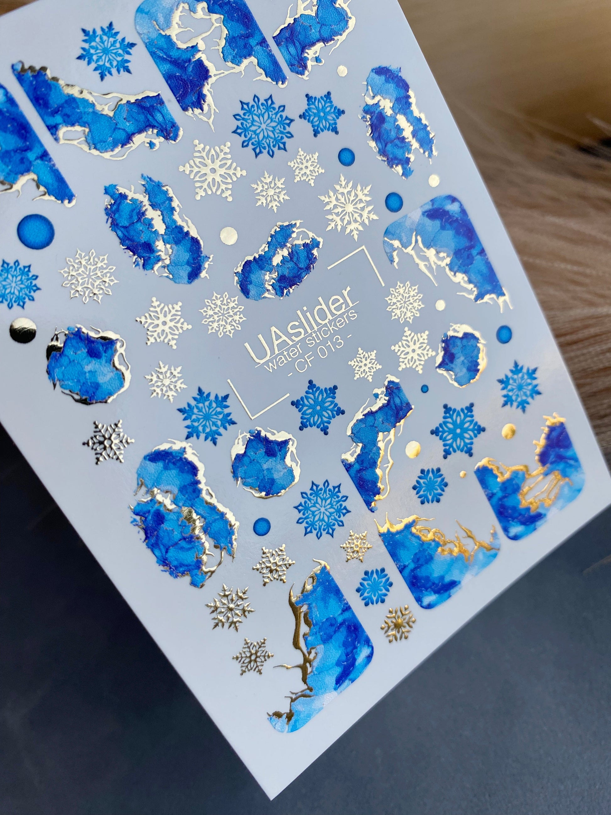 UA Slider 2D Nail Decal CF-013 Water Slide Nail Decals Marble Blue Stone Gold Foil Snowflakes Winter Nails