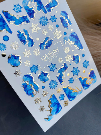 UA Slider 2D Nail Decal CF-013 Water Slide Nail Decals Marble Blue Stone Gold Foil Snowflakes Winter Nails