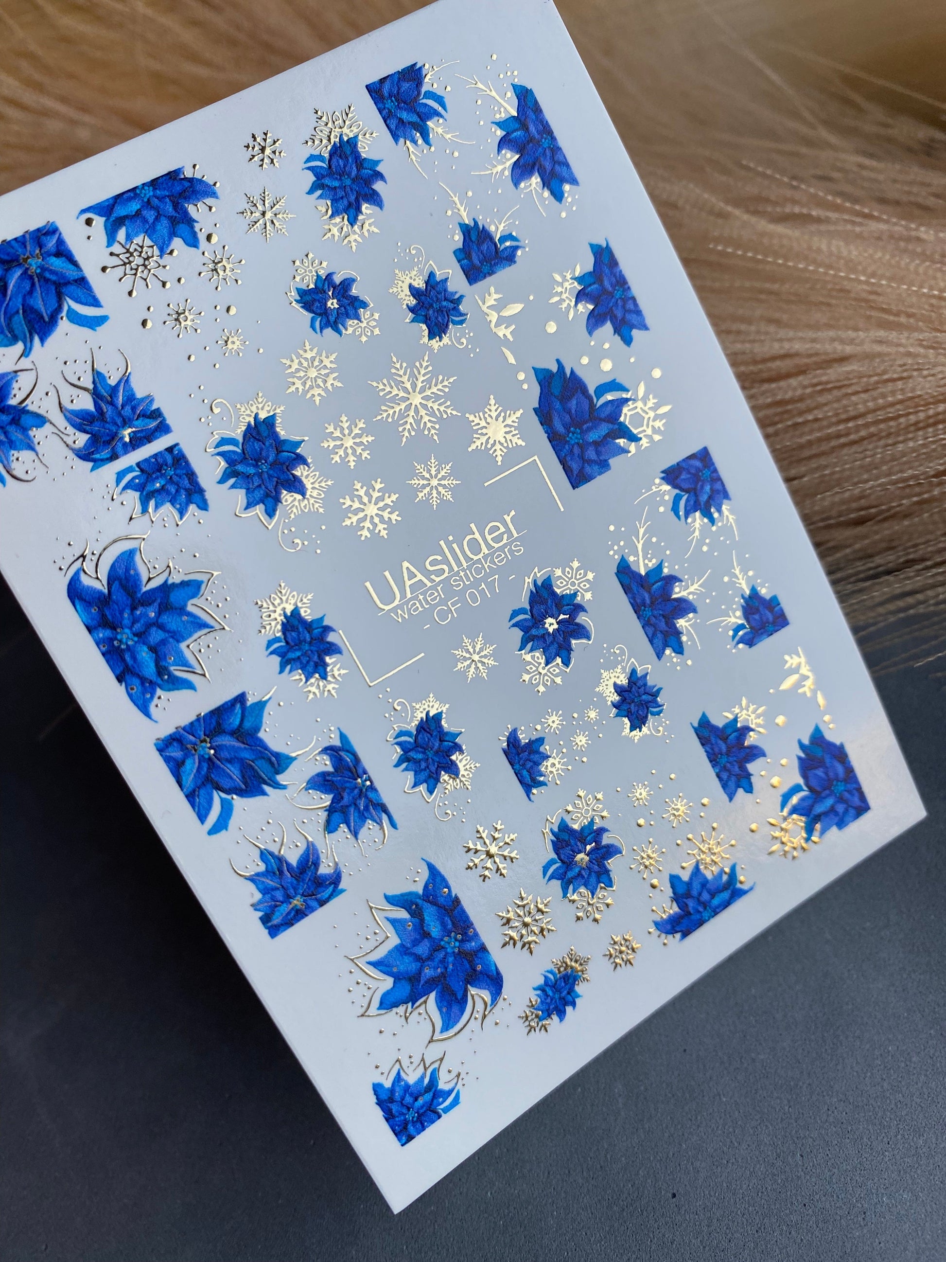 UA Slider 2D Nail Decal CF-017 Water Slide Nail Decals Blue Poinsettia and Gold Snowflakes