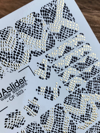 UA Slider 2D Nail Decal CF-323 Black Snake Print with Gold Foil Nail Decals