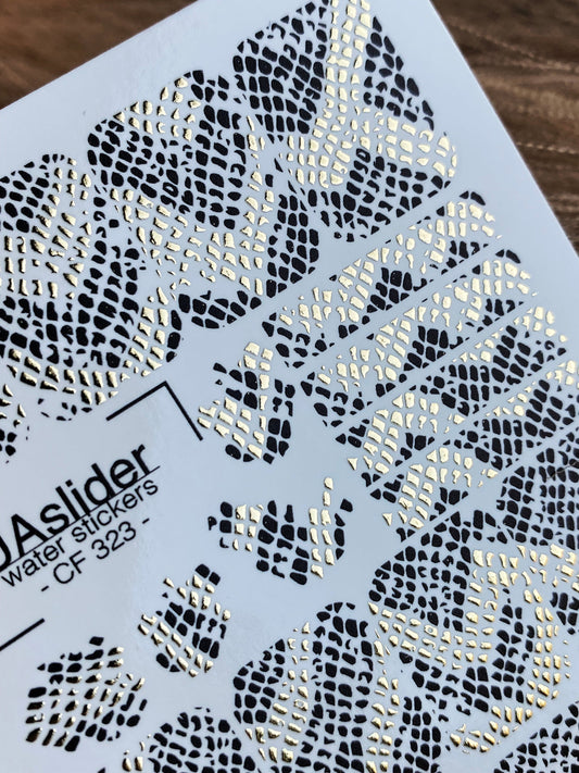 UA Slider 2D Nail Decal CF-323 Black Snake Print with Gold Foil Nail Decals