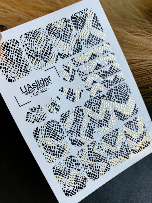 UA Slider 2D Nail Decal CF-323 Black Snake Print with Gold Foil Nail Decals