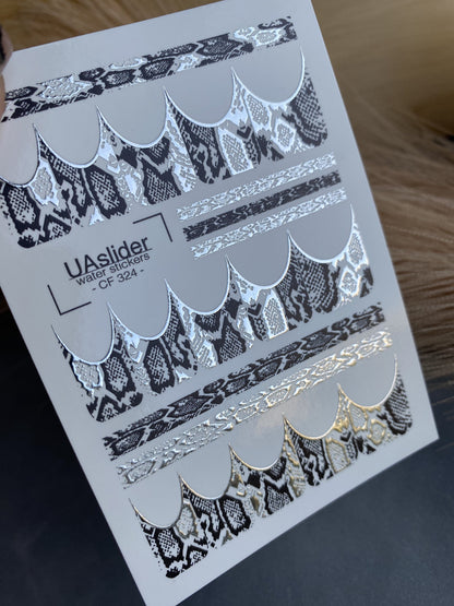 UA Slider 2D Nail Decal CF 324 Snakeskin Silver Foil Nail Water Decals - French Tips & Stripes