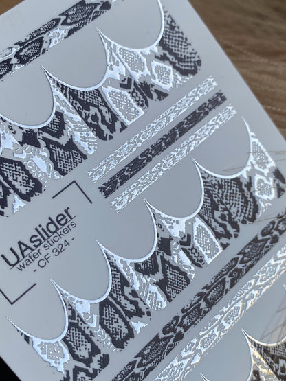 UA Slider 2D Nail Decal CF 324 Snakeskin Silver Foil Nail Water Decals - French Tips & Stripes