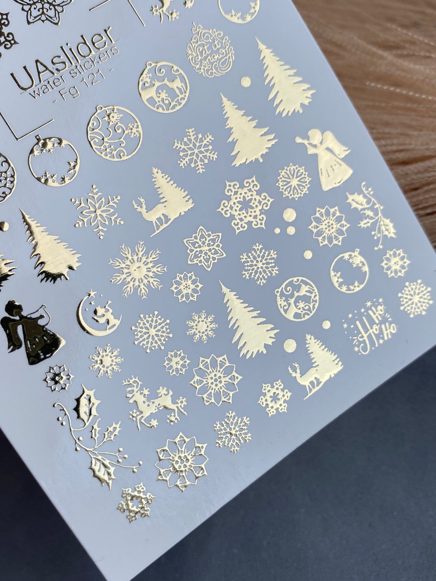 UA Slider 2D Nail Decal FG-121 Water Slide Nail Decals Gold Snowflakes and Christmas Trees