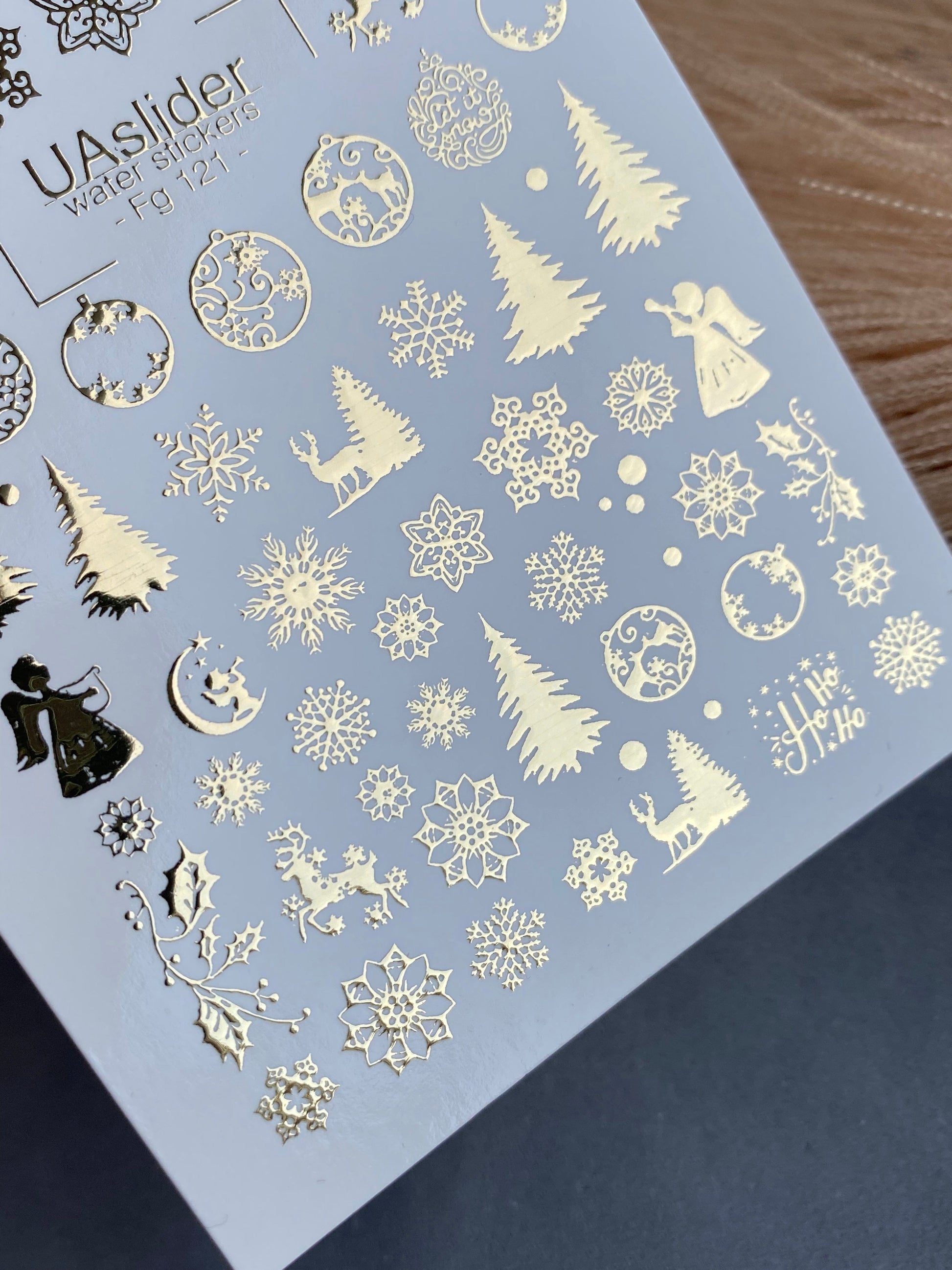 UA Slider 2D Nail Decal FG-121 Water Slide Nail Decals Gold Snowflakes and Christmas Trees