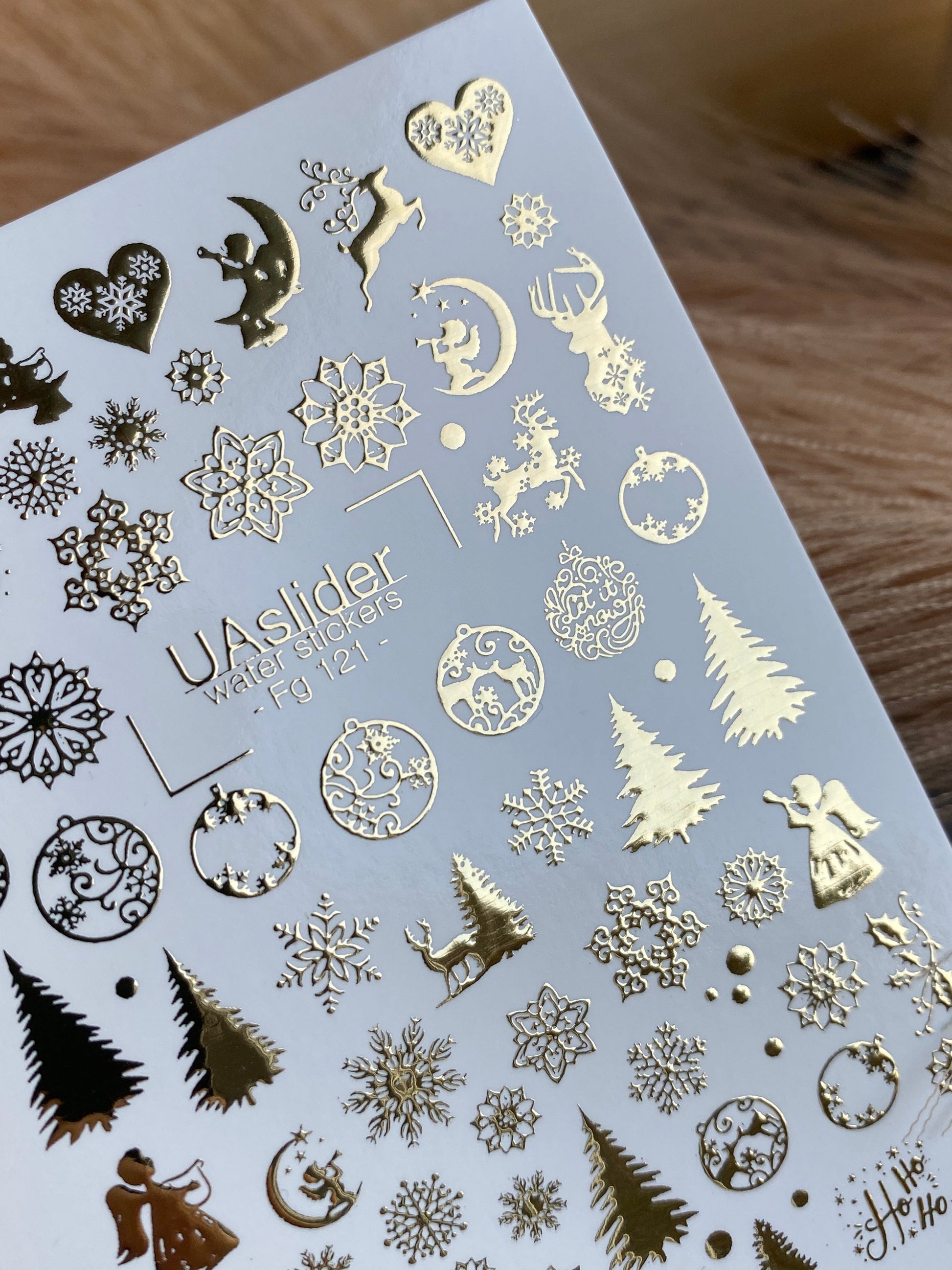 UA Slider 2D Nail Decal FG-121 Water Slide Nail Decals Gold Snowflakes and Christmas Trees