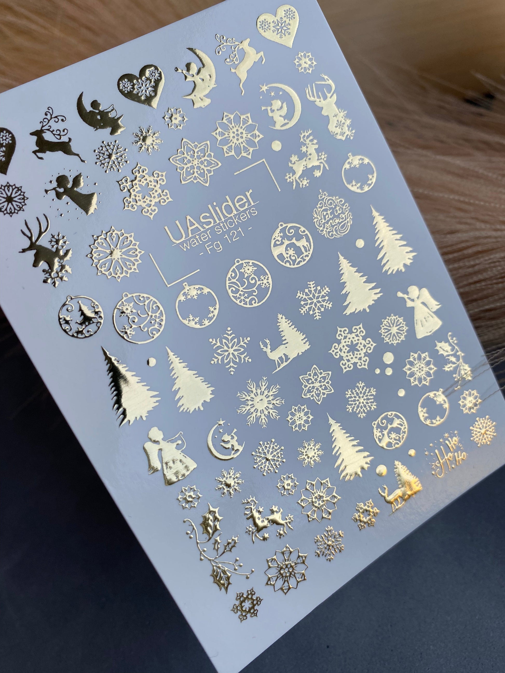 UA Slider 2D Nail Decal FG-121 Water Slide Nail Decals Gold Snowflakes and Christmas Trees