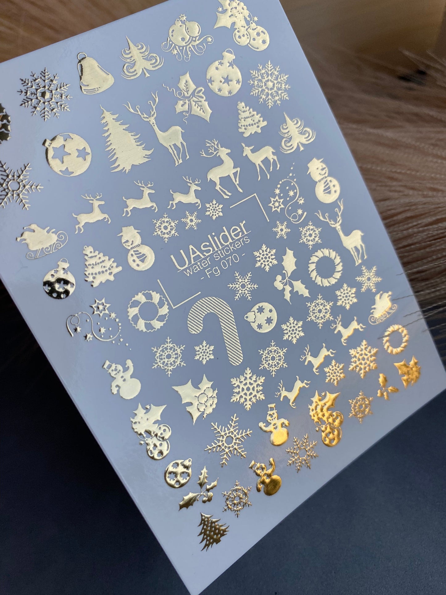 UA Slider 2D Nail Decal FG-070 Water Slide Nail Decals Gold Christmas Icons Trees Reindeer Ornaments Snowflakes