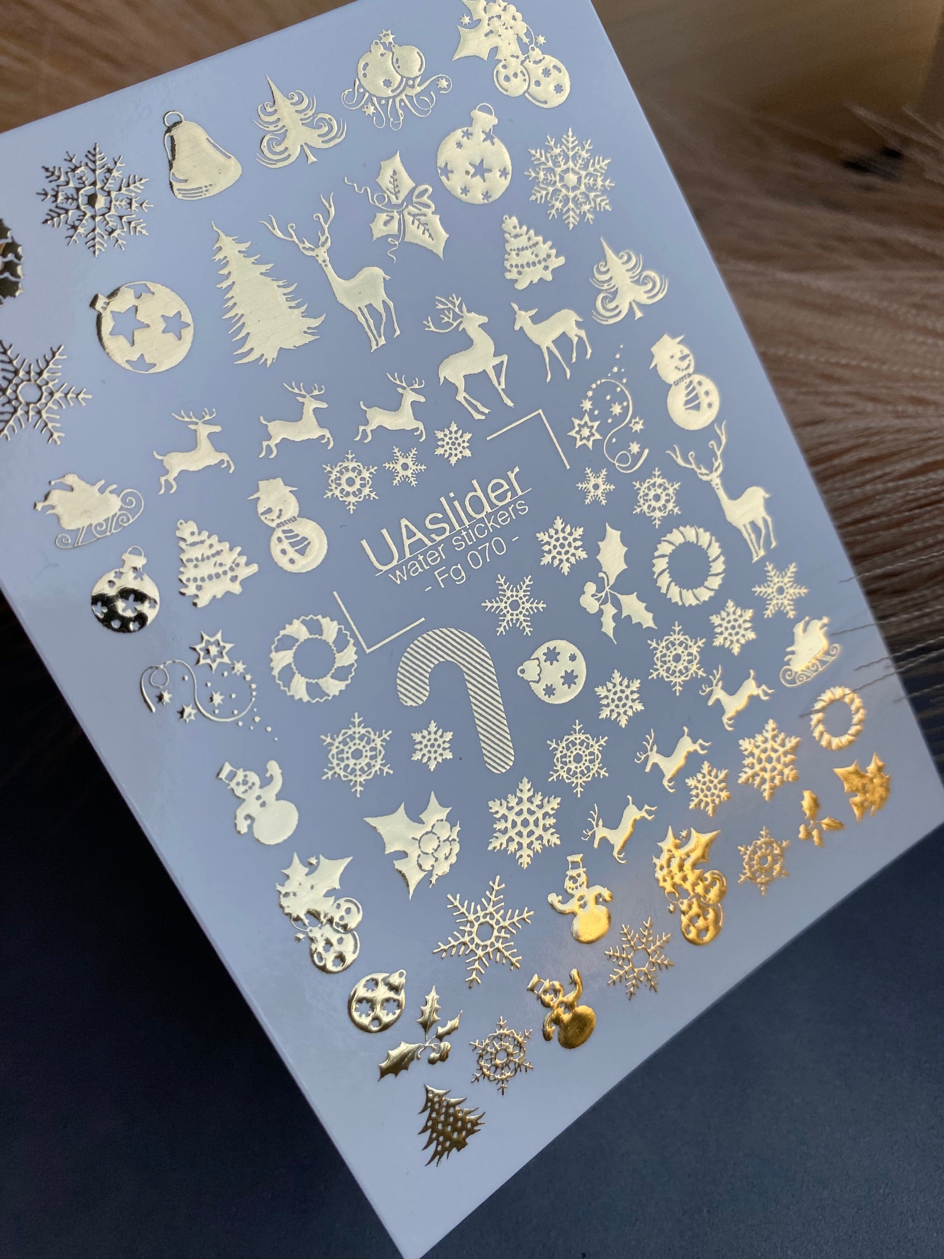 UA Slider 2D Nail Decal FG-070 Water Slide Nail Decals Gold Christmas Icons Trees Reindeer Ornaments Snowflakes