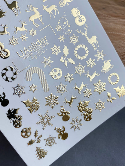 UA Slider 2D Nail Decal FG-070 Water Slide Nail Decals Gold Christmas Icons Trees Reindeer Ornaments Snowflakes