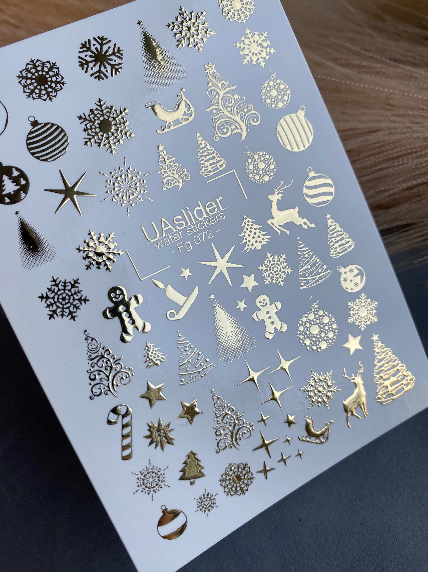 UA Slider 2D Nail Decal FG-072 Gold Foil Water Slide Nail Decals Christmas Trees Stars Reindeer Snowflakes holiday nails winter nails chrome snowflake nails