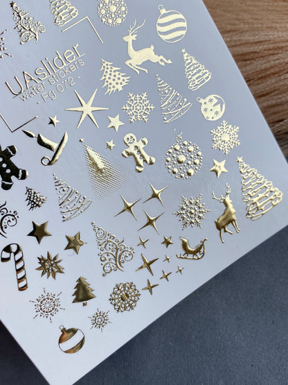 UA Slider 2D Nail Decal FG-072 Gold Foil Water Slide Nail Decals Christmas Trees Stars Reindeer Snowflakes holiday nails winter nails chrome snowflake nails