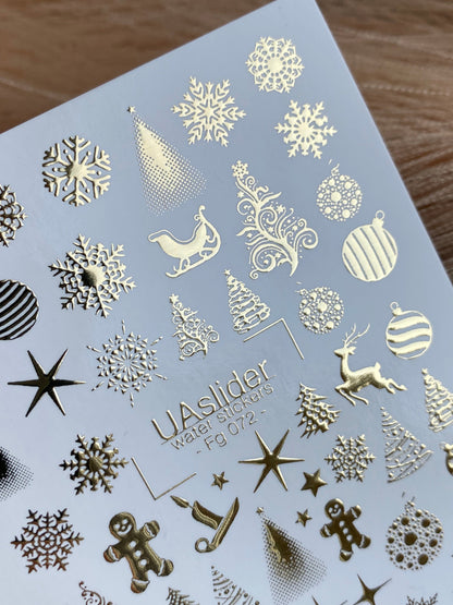 UA Slider 2D Nail Decal FG-072 Gold Foil Water Slide Nail Decals Christmas Trees Stars Reindeer Snowflakes holiday nails winter nails chrome snowflake nails
