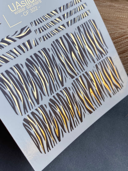 UA Slider 2D Nail Decal CF-322 Gold Foil Zebra Animal Print Nail Decals