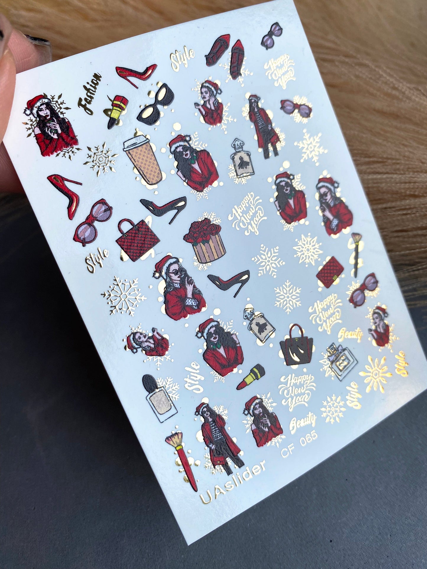UA Slider 2D Nail Decal CF-065 Water Slide Nail Decals Retro Holiday Fashion Girls Santa Gifts Gold Snowflakes