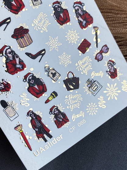 UA Slider 2D Nail Decal CF-065 Water Slide Nail Decals Retro Holiday Fashion Girls Santa Gifts Gold Snowflakes