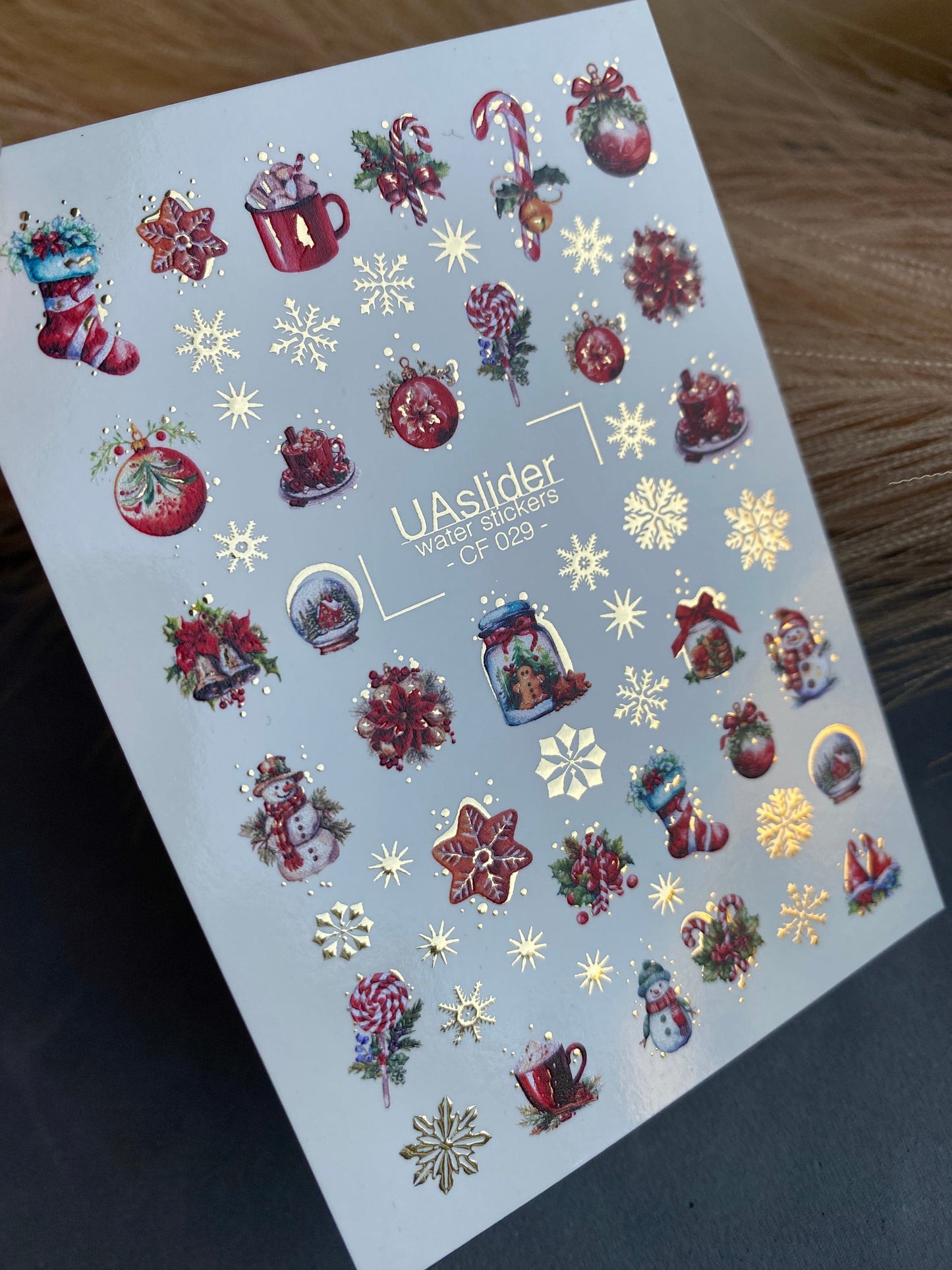 UA Slider 2D Nail Decal CF-029 Water Slide Nail Decals Ornaments Snowflakes and Christmas Candy with Gold Foil