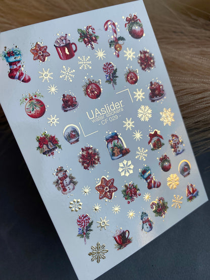 UA Slider 2D Nail Decal CF-029 Water Slide Nail Decals Ornaments Snowflakes and Christmas Candy with Gold Foil
