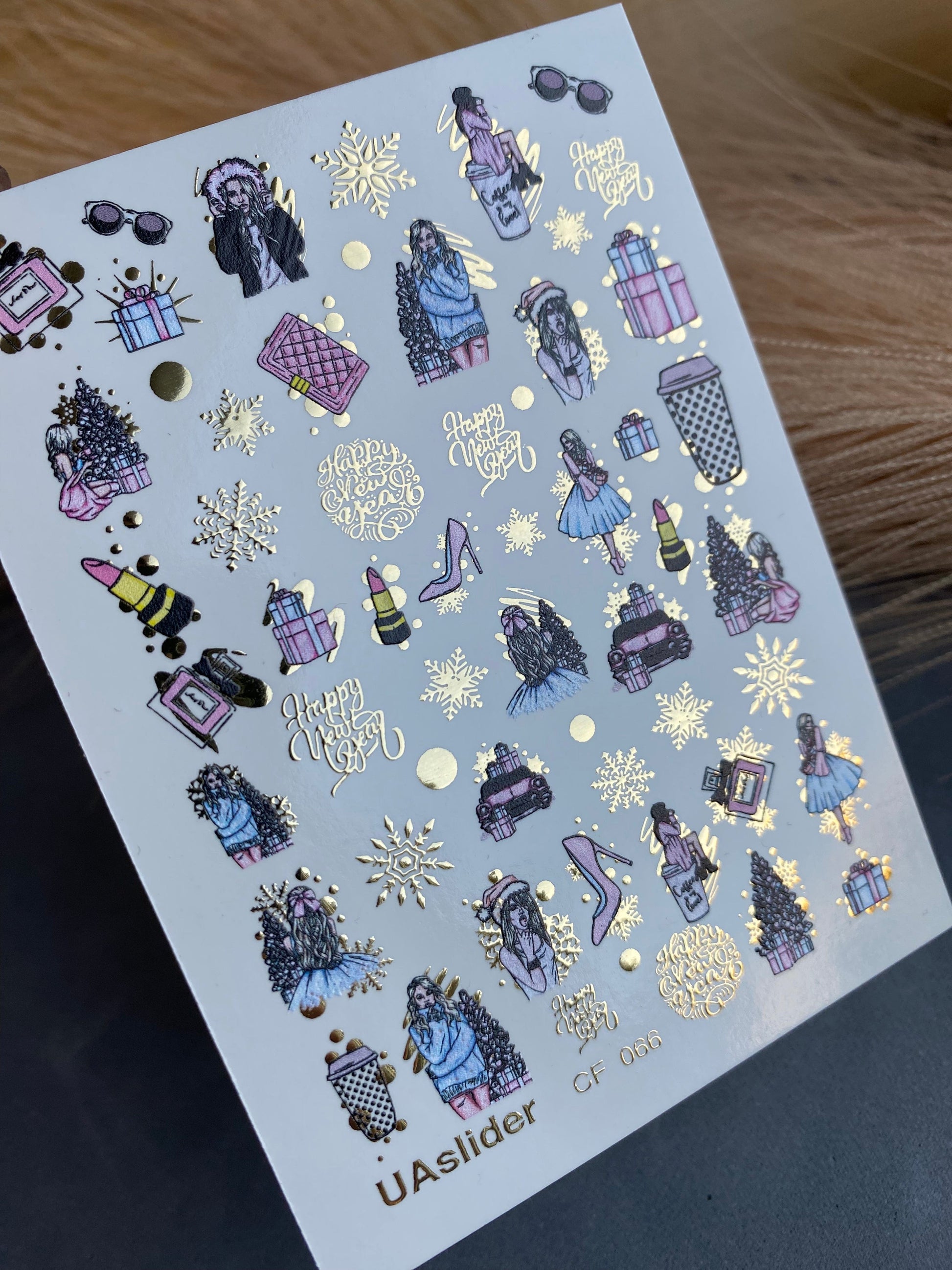 UA Slider 2D Nail Decal CF-066 New Year Fashion Nail Water Decals gifts perfume coffee cups gold snowflakes holiday nails winter nails