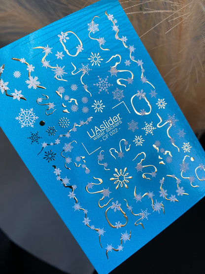 UA Slider 2D Nail Decal CF-022 Water Slide Nail Decals Snowflake Garlands and Gold Swirls