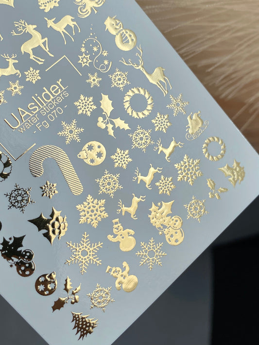 UA Slider 2D Nail Decal FG-070 Water Slide Nail Decals Gold Christmas Icons Trees Reindeer Ornaments Snowflakes