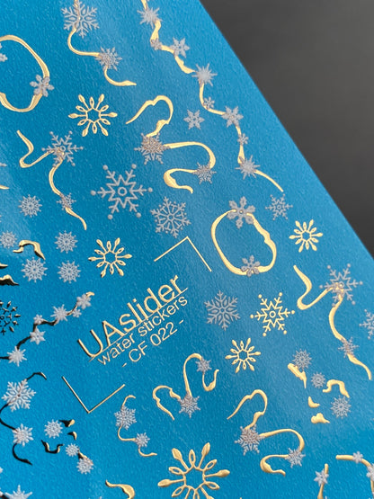 UA Slider 2D Nail Decal CF-022 Water Slide Nail Decals Snowflake Garlands and Gold Swirls