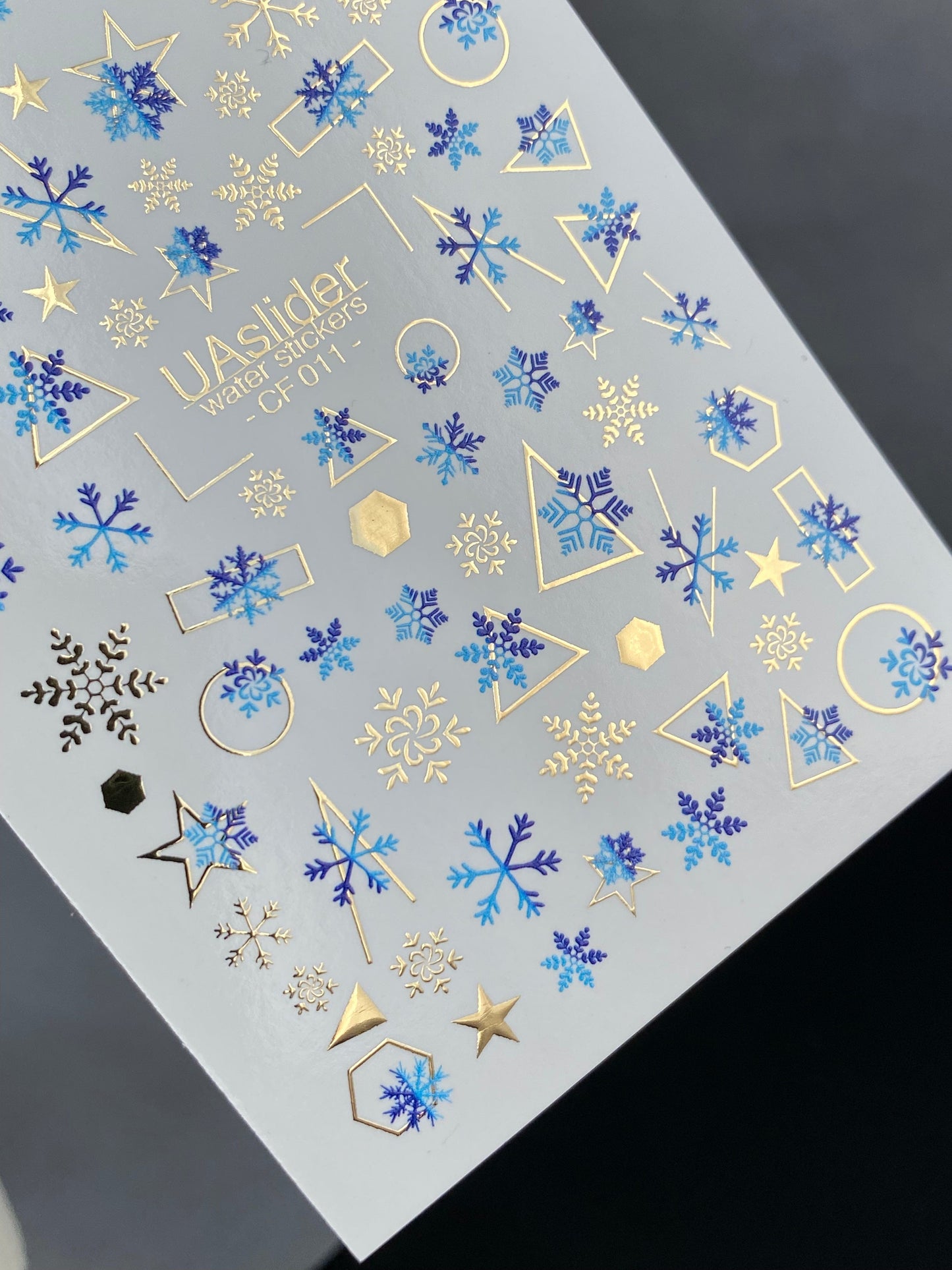 UA Slider 2D Nail Decal CF-011 Water Slide Nail Decals Blue Snowflakes with Gold Foil Geometric Accents